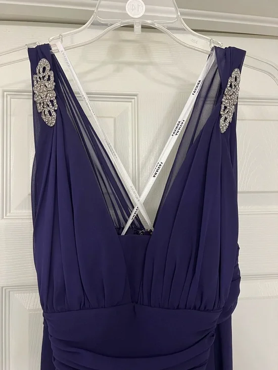 Faviana Plum V-Neck Chiffon Maxi Dress with Beaded Shoulder Accents - Picture 3 of 5